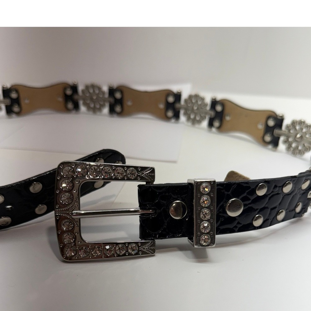 Womens Black Faux Croc Rhinestone Buckle Concho Belt Silver Studded Western XL